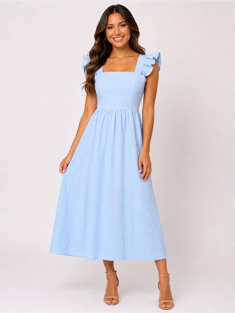 NWOT Square Neck Light Blue Midi Dress with Ruffle Sleeves, Large